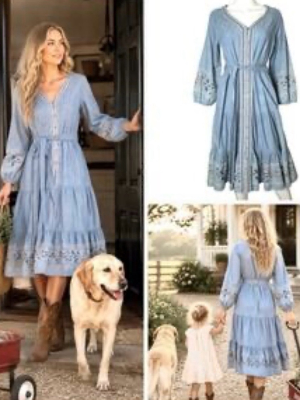Women's Light Blue Embroidered Tiered Midi Dress with Tie Waist